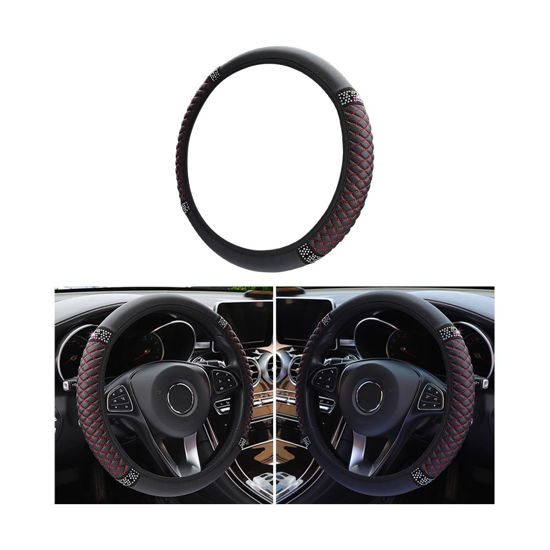 Picture of Osilly Bling Car Steering Wheel Cover, 15 Inch Rhinestones Soft Leather Elastic Steering Wheel Protector, Sparkly Crystal Diamond for Women Girls (Black/Red)