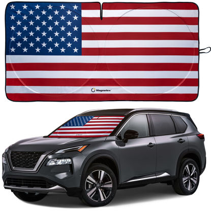 Picture of American Flag Windshield Sun Shade, High-Resolution Car Shield with Mirror Cut-Out for Automotive Interior Protection Heat Reduction, Folding Sunshade Storage Bag - Medium, Original