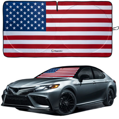 Picture of American Flag Windshield Sun Shade, High-Resolution Car Sun Shield with Mirror Cut-Out for Automotive Interior Sun Protection Heat Reduction, Folding Car Sunshade with Storage Bag - Large, Original