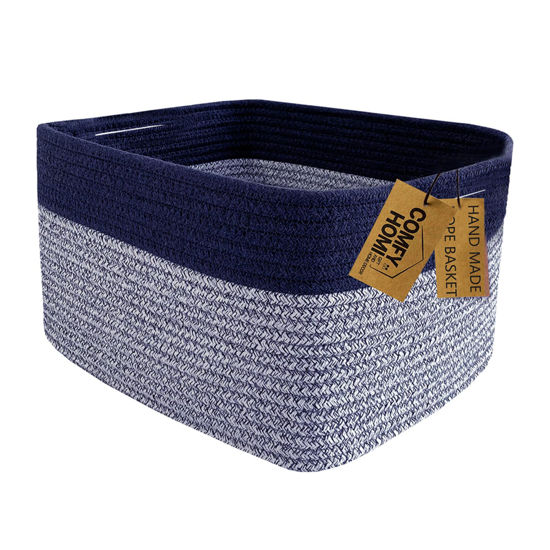 Picture of COMFY-HOMI Rectangular Cotton Rope Basket With Handles for Shelves|Dog Toy Basket|Baby Basket|Gift Basket Empty for Boy Girl-NEW Generation 13.5" x 11" x 9.5" for Living Room（Dark Blue）