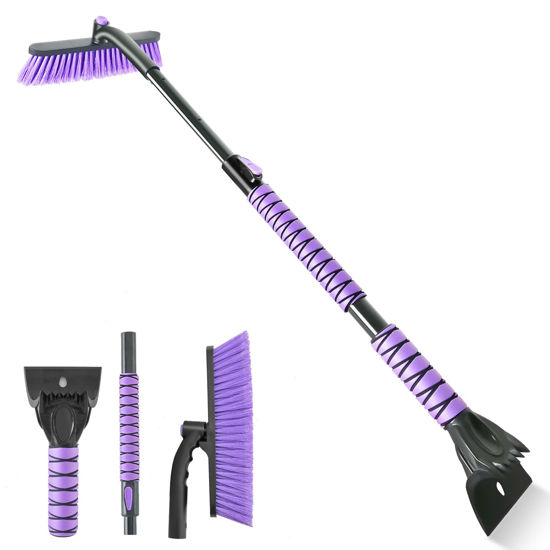 Picture of OUSHASAA 44" Ice Scraper and Snow Brush for Car Windshield with Extendable, 360° Pivoting, Soft Bristle Head, Foam Grip, for Car, Truck, SUV Window Tool (Purple)