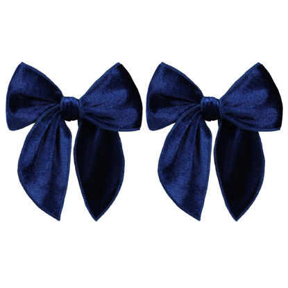 Picture of Navy Blue Fable Velvet Hair Bows Clip 5" Soft Velvet Ribbon Alligator Barrettes Hairpins Ponytail Wedding Dance Dress Decoration Accessories for Toddler Teen Baby Girls Kids