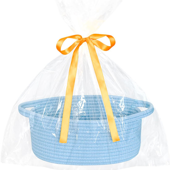 Picture of ABenkle Small Basket with Gift Bag and Ribbons, 12"x 8" x 5" Cute Small Woven Basket, Rope Shelf Toys Storage Basket with Handle, Decorative Empty Gift Basket