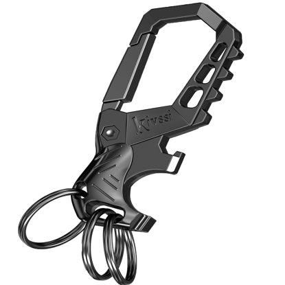 Picture of Kivssi Heavy duty metal keychains, Carabiner clip Car key chains,Fashion family keychain bottle opener and 3 Key Rings suitable for men and women.（Black-1pcs）