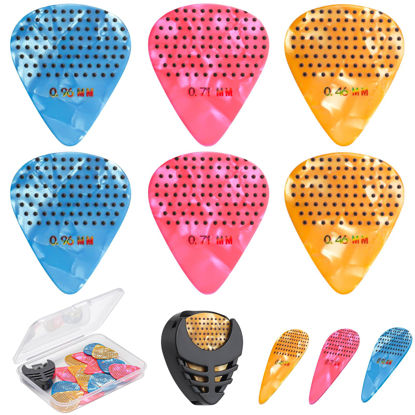 Picture of 15 Pack Non-slip Guitar Picks, 3 Different Colorful Celluloid Guitar Picks, 0.46 0.71 0.96mm Includes Thin Medium Heavy Thickness with Guitar Picks Holder and Storage Box, for Guitar, Bass