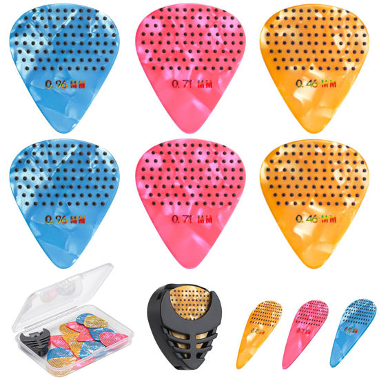 Picture of 15 Pack Non-slip Guitar Picks, 3 Different Colorful Celluloid Guitar Picks, 0.46 0.71 0.96mm Includes Thin Medium Heavy Thickness with Guitar Picks Holder and Storage Box, for Guitar, Bass