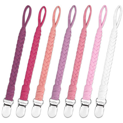 Picture of duludulu 7 Pcs Pacifier Clip, Pacifier Clips for Boys & Baby Girls Pacifier Holder Clip Binky Clips Braided 100% Handmade Fits All Pacifiers(Pink, 7 Pack)
