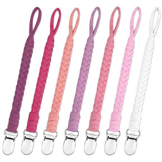 Picture of duludulu 7 Pcs Pacifier Clip, Pacifier Clips for Boys & Baby Girls Pacifier Holder Clip Binky Clips Braided 100% Handmade Fits All Pacifiers(Pink, 7 Pack)