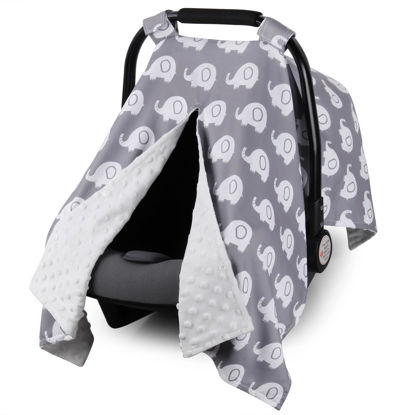 Picture of Rquite Car Seat Cover Baby, Carseat Covers for Boy Girl, Minky Infant Car Seat Cover Winter, Peekaboo Opening Car Seat Canopy, Multiuse Baby Carrier, Stroller, Nursing Cover, Minky Blanket, Elephant