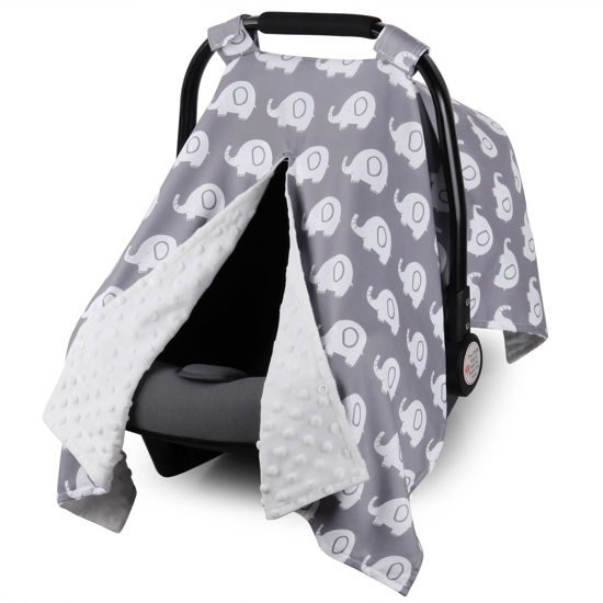Picture of Rquite Car Seat Cover Baby, Carseat Covers for Boy Girl, Minky Infant Car Seat Cover Winter, Peekaboo Opening Car Seat Canopy, Multiuse Baby Carrier, Stroller, Nursing Cover, Minky Blanket, Elephant