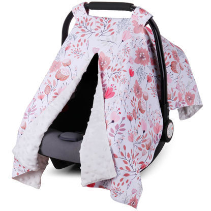 Picture of Rquite Car Seat Cover Baby, Carseat Covers Baby Girl, Minky Infant Car Seat Cover Winter, Peekaboo Opening Car Seat Canopy, Multi-use Baby Carrier, Stroller, Nursing Cover, Minky Blanket, Pink Flower