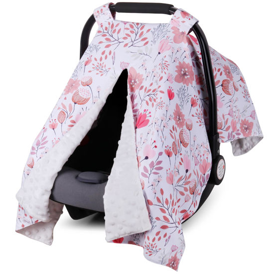 Picture of Rquite Car Seat Cover Baby, Carseat Covers Baby Girl, Minky Infant Car Seat Cover Winter, Peekaboo Opening Car Seat Canopy, Multi-use Baby Carrier, Stroller, Nursing Cover, Minky Blanket, Pink Flower