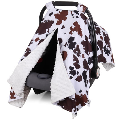 Picture of Rquite Car Seat Cover Baby, Carseat Covers Baby Boy, Minky Infant Car Seat Cover Winter, Peekaboo Opening Car Seat Canopy, Multi-use Baby Carrier, Stroller, Nursing Cover, Minky Blanket, Cow Print