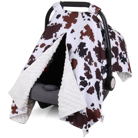 Picture of Rquite Car Seat Cover Baby, Carseat Covers Baby Boy, Minky Infant Car Seat Cover Winter, Peekaboo Opening Car Seat Canopy, Multi-use Baby Carrier, Stroller, Nursing Cover, Minky Blanket, Cow Print
