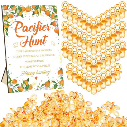 Picture of Thyle 51 Pcs Little Cutie Cool Baby Shower Games Include Baby Pacifier Hunt Sign and 50 Acrylic Baby Pacifiers Mini Pacifiers for Baby Shower Game Gift Sets for Baby Gender Reveal, Orange