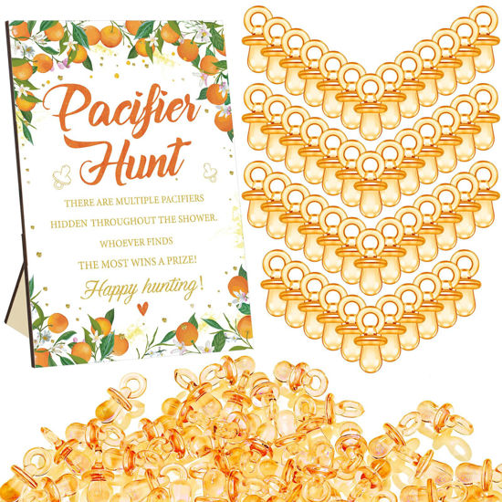 Picture of Thyle 51 Pcs Little Cutie Cool Baby Shower Games Include Baby Pacifier Hunt Sign and 50 Acrylic Baby Pacifiers Mini Pacifiers for Baby Shower Game Gift Sets for Baby Gender Reveal, Orange