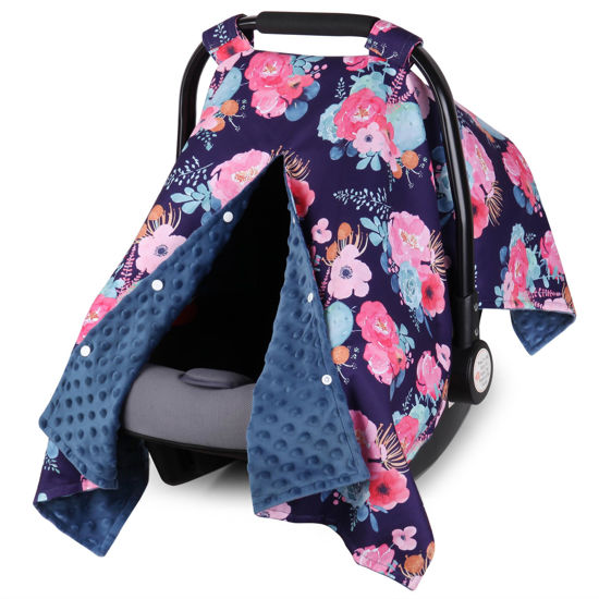 Picture of Rquite Car Seat Cover Baby, Carseat Covers Baby for Girl Boy, Warm Minky Infant Car Seat Cover Winter, Peekaboo Opening Car Seat Canopy, Multi-use Baby Carrier, Stroller, Nursing Cover, Minky Blanket