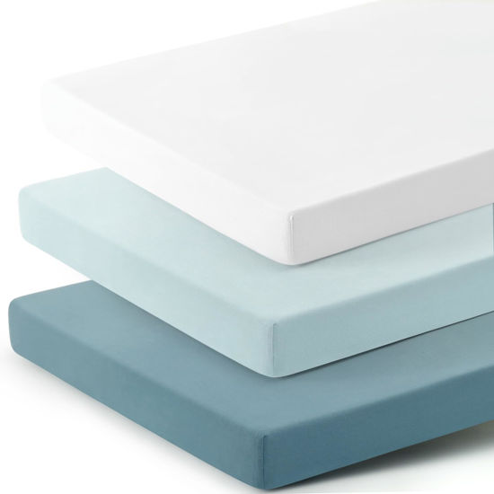 Picture of GRSSDER Mini Crib Sheets Fitted, Pack and Play Sheets 3 Pack, Ultra Soft Stretchy Pack N Play Sheets, Universal Fit for Playard Mattress, Jersey Crib Sheets Neutral for Boys and Girls, Blue