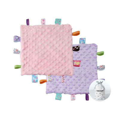 Picture of CREVENT Tag Security Blankets for Babies, Soft Small Loveys for Girls, Baby Comforter Sensory Blanket, Great Gifts for Birthday Baby Shower 10"X10" (Purple+Pink Tag, Crib)