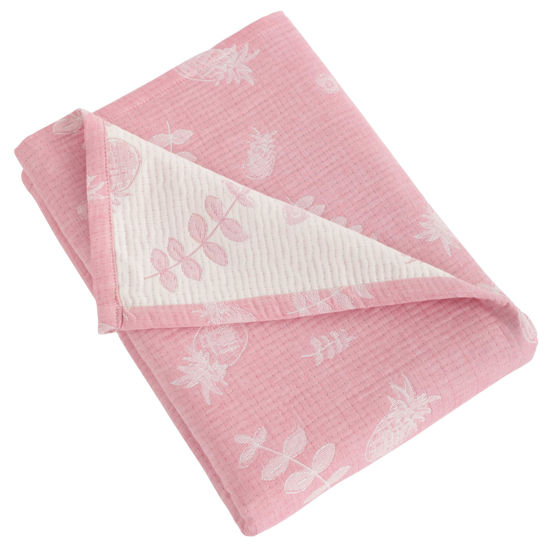 Picture of NTBAY 3 Layer Toddler Blanket, Muslin Cotton Jacquard Bed Blankets, Lightweight Thermal Baby Blanket, Super Soft and Warm Crib Blanket for All Seasons, Decoration Gift, 30"x40", Pink Pineapple