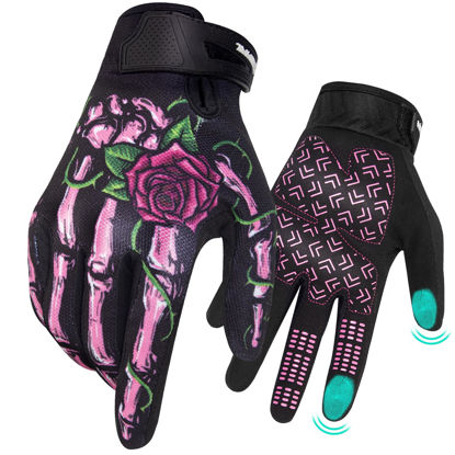 Picture of RIGWARL Motorcycle Gloves Women Touchscreen, Breathable Pink Skeleton Bike Glove Non-Slip, Designed Riding Gloves Motorcycle Women Full Finger for Mountain Bike Cycling Hiking ATV MTB Gloves