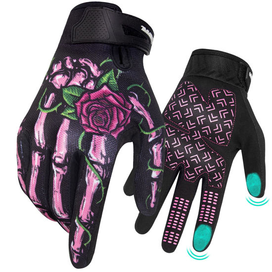 Picture of RIGWARL Motorcycle Gloves Women Touchscreen, Breathable Pink Skeleton Bike Glove Non-Slip, Designed Riding Gloves Motorcycle Women Full Finger for Mountain Bike Cycling Hiking ATV MTB Gloves