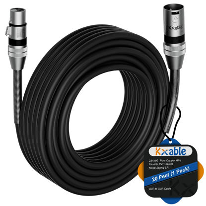 Picture of XLR to XLR Cable 20 Feet, Premium XLR Microphone Cable, Long Heavy Duty 22AWG OFC XLR Male to Female Cord, 3-Pin Shielded Mic Speaker Cable, Zinc Alloy Connectors, Metal Spring SR, Black