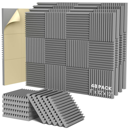 Picture of HEMRLY Acoustic Foam Panels,1" X 12" X 12" Self-Adhesive Sound Proof Foam Panels,Acoustic Panels Absorb Noise Quickly,High Density Soundproof Wall Panels for Gaming Room,Home Studio(48 Pack Gray)