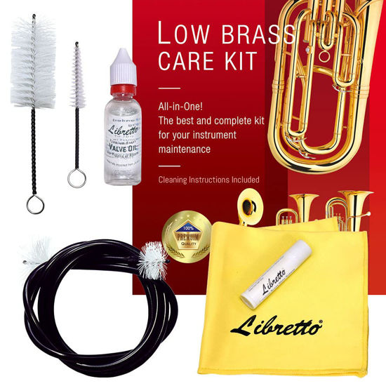 Picture of Libretto Low Brass ALL-INCLUSIVE Cleaning Kit with Instructions: Valve Oil + Slide Grease + Cleaning Cloth + Mouthpiece/Valve/Bore Brushes. A Great Gift for Tuba, Euphonium, Baritone, Sousaphone &More