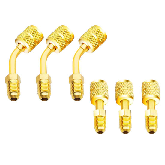 Picture of Zoizocp R410A Adapter 5/16 inches SAE Female to 1/4 inches SAE Male Flare for Air Conditioners HVAC, (3 Angled Adapters + 3 Straight Adapters)