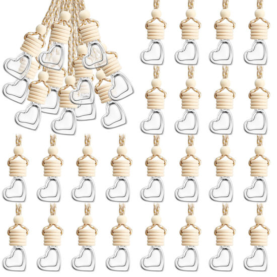 Picture of 50 Pcs Hanging Car Air Freshener Car Diffuser Bottles Empty Glass Perfume Bottles Air Freshener Diffuser Bottle Pendant for Essential Oils Fragrance Aromatherapy Bottle Ornament (Heart, Clear)