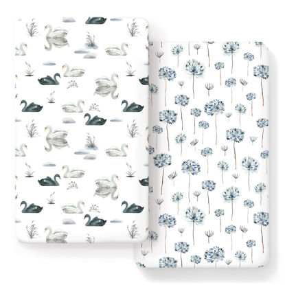 Picture of Stretch Ultra Soft Jersey Knit Fitted Crib Sheets Set 2 Pack, Fits All Standard Crib Mattress Pads Safe and Snug, Crib Fitted Sheet for Baby, Pretty Swan/Watercolor Dandelion for Baby