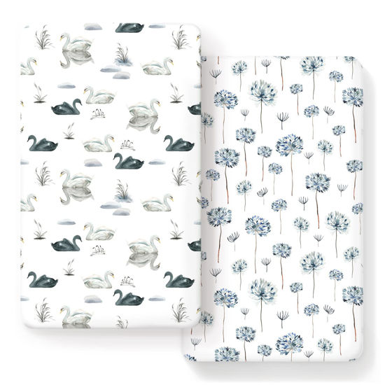 Picture of Stretch Ultra Soft Jersey Knit Fitted Crib Sheets Set 2 Pack, Fits All Standard Crib Mattress Pads Safe and Snug, Crib Fitted Sheet for Baby, Pretty Swan/Watercolor Dandelion for Baby