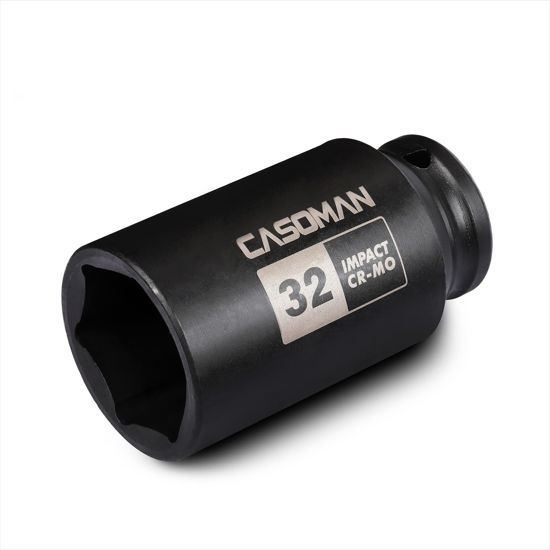 Picture of CASOMAN 1/2" Drive x 32 mm Deep 6 PT Impact Socket, CR-MO, 1/2-inch Drive 6 Point Axle Nut Socket for Easy Removal of Axle Shaft Nuts (32MM)