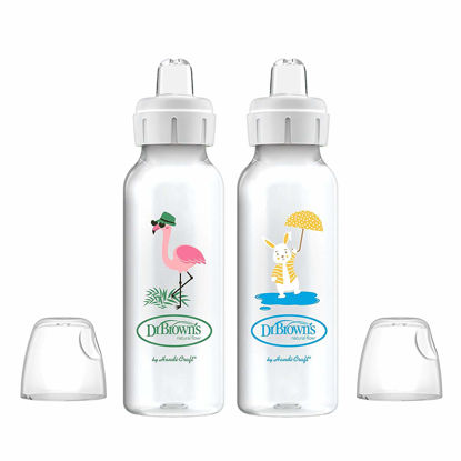 Picture of Dr. Brown's Milestones Narrow Sippy Bottle, 100% Silicone Soft Sippy Spout, 8oz/250mL, Flamingo & Bunny, 6m+