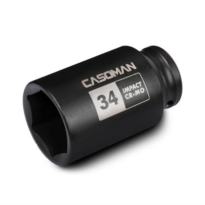 Picture of CASOMAN 1/2" Drive x 34 mm Deep 6 PT Impact Socket, CR-MO, 1/2-inch Drive 6 Point Axle Nut Socket for Easy Removal of Axle Shaft Nuts (34MM)