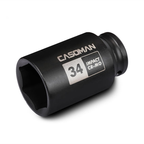 Picture of CASOMAN 1/2" Drive x 34 mm Deep 6 PT Impact Socket, CR-MO, 1/2-inch Drive 6 Point Axle Nut Socket for Easy Removal of Axle Shaft Nuts (34MM)