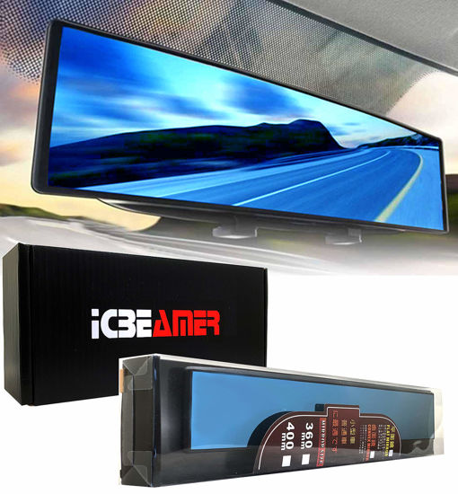 Picture of ICBEAMER 15.8 Inch Car Rearview Mirror, Panoramic Wide Angle, HD Blue Tint Glass, Interior Clip On Flat Car Mirror, Anti Glare, Automotive Accessories, Universal for Truck, Car, SUV, Pack of 1