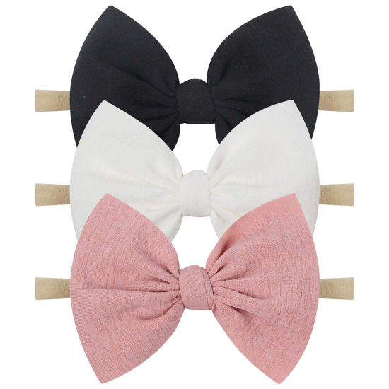 Picture of YanJie Baby Girls Nylon Headbands Newborn Bows Handmade Hair Bows Hairbands Hair Accessories for Newborn Infant Toddlers Kids (black white pink)