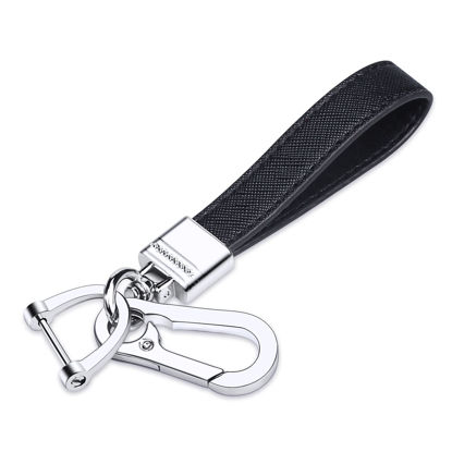 Picture of QBUC Genuine Leather Car Keychain,Universal Heavy Duty Metal Key Chain Accessories,Car Fob Key Keychain Holder with 360 Degree Rotatable Snap Swivel and Anti-Lost D-Ring for Men Women(Black)