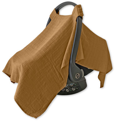 Picture of MOZAH 100% Organic Muslin Car Seat Covers for Infant Car Seat Canopy Baby Car Seat Cover Unisex (Caramel Toffee)