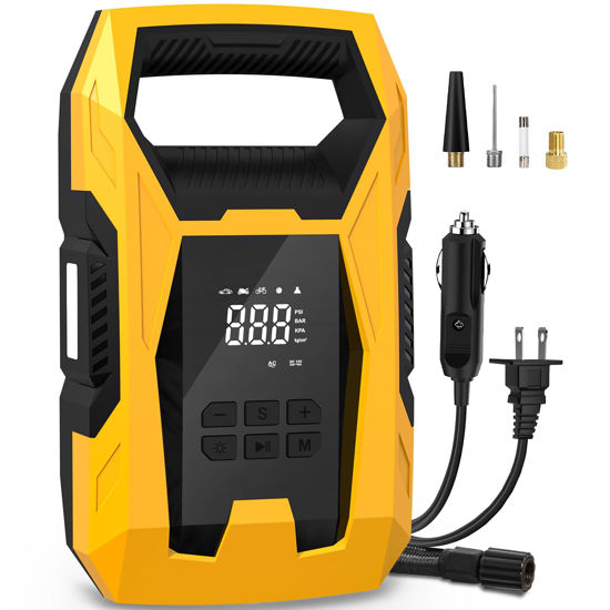 Picture of CARSUN AC/DC Tire Inflator Portable Air Compressor, Dual Power for Home 110V AC and Car 12V DC Air Pump with Pressure Gauge, Auto Shutoff, Tire Pump for Car Motorcycle Bicycle and Other Inflatables