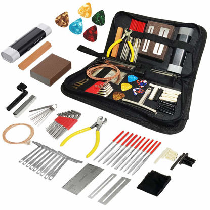 Picture of 72PCS Guitar Tool Kit，Professional Guitar Repairing Maintenance Tool Kit with Guitar Strings Picks Bridge Pins Gauge Guitar Accessories Gift for Acoustic Guitar Electric guitar Ukulele Bass Banjo