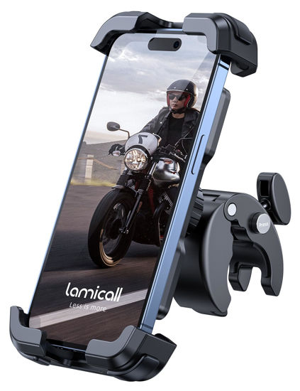 Picture of Lamicall Motorcycle Phone Mount, Bike Phone Holder - Upgrade Quick Install Handlebar Clip for Bicycle Scooter, Cell Phone Clamp for iPhone 16 15 Pro Max/ 14/13, Galaxy S10 and More 4.7-6.8" Phone