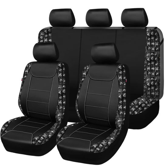 Picture of Flying Banner car seat Covers Fashion Faux Leather Gray Skull Full Set Rear Bench Split Easy installations car Truck SUV