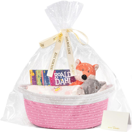 Picture of CHICVITA Pink Baskets for Gifts Empty, Small Woven Basket for Storage, Baby Gift Basket for Diapers, Storage Basket for Dogs, Cats, Cotton Rope Basket for Decor, 12"x 8"x 5"