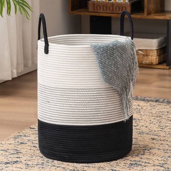 Picture of YOUDENOVA Woven Rope Laundry Hamper Basket, 72L Tall Laundry Basket, Baby Nursery Hamper for Blanket Storage, Clothes Hamper for Laundry in Bedroom-Large-Dark White