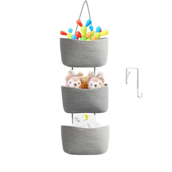 Picture of TeoKJ Over the Door Organizer, 3-Tier Woven Cotton Hanging Kitchen Baskets Storage Organizer Bag with Hooks Wall-Mounted Decorative Rope Baskets - Gray