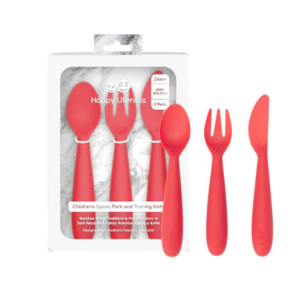 Picture of ezpz Happy Utensils - 24 Months+ (Coral) - BPA Free Toddler Utensils - Fork, Spoon and Knife for Toddlers and Preschoolers - Kids Utensils for Self-Feeding Development