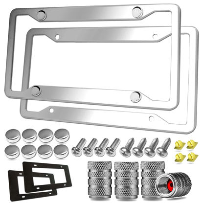 Picture of Stainless Steel License Plate Frame- 2 Pack License Plate Holder, with Screws, Chrome Caps, Heavy Duty Rustproof Metal Front Rear Car Tag Cover